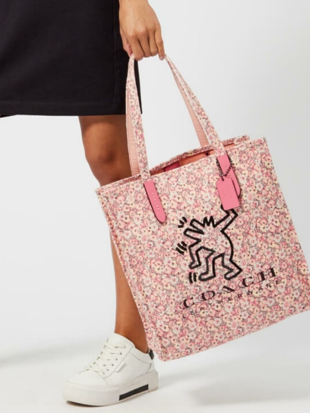 Coach x Keith Haring Pink Floral Tote with Black Graphic